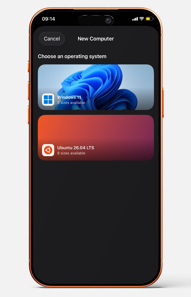 Luna on a phone: choosing Windows or Ubuntu, then the desktop open in the app